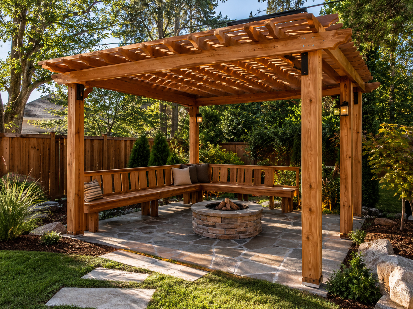 Custom cedar pergola with bench seating