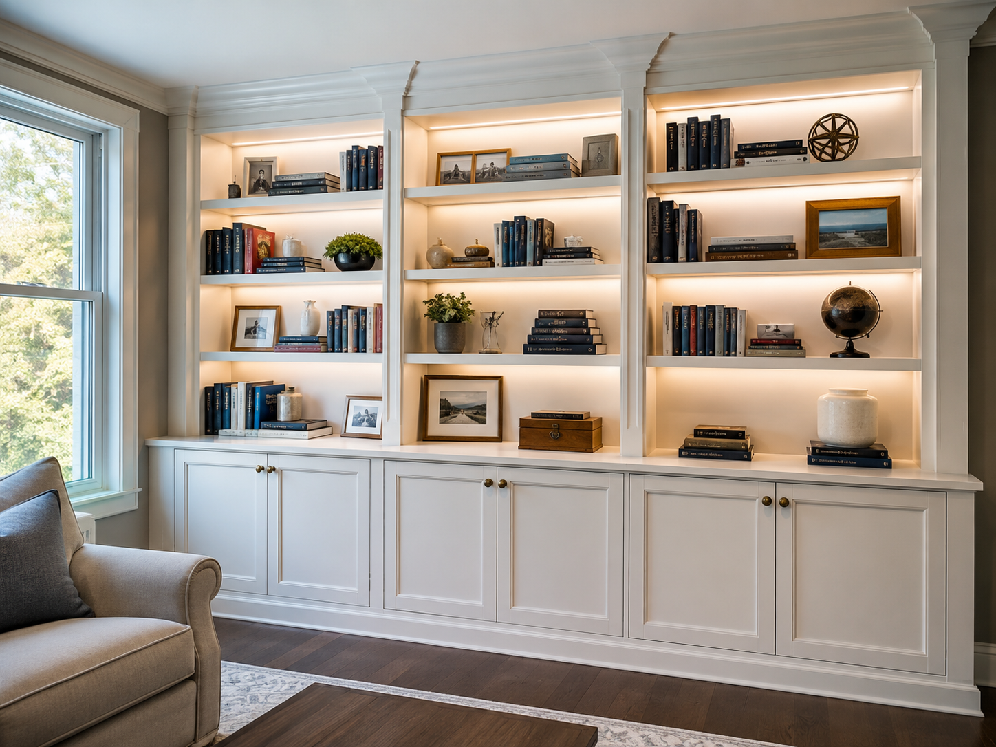 Custom floor-to-ceiling bookcase with lighting