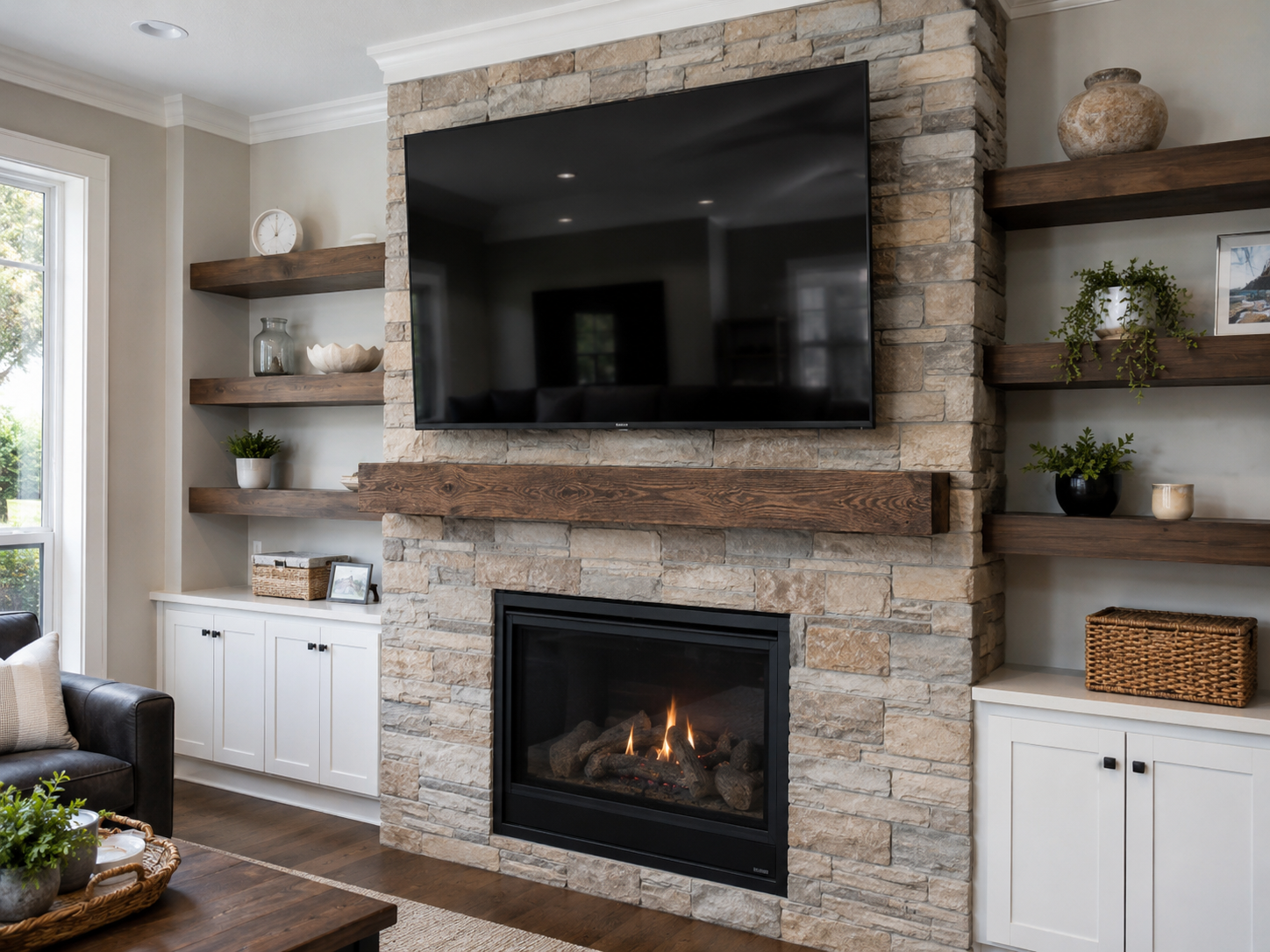 TV mounting above fireplace with cable management